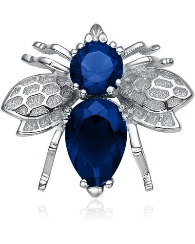 Genevive Jewelry Sapphire Cubic Zirconia Sterling Silver White Gold Plated Bee Pin - Blue