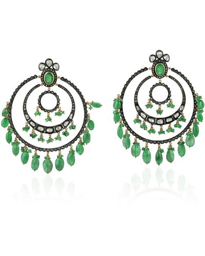 Artisan 14k Gold 925 Sterling Silver Diamond Emerald Dangle Earrings Jewelry - Green