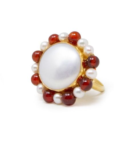 Vintouch Italy Lotus Gold-plated Pearl And Carnelian Ring - Multicolor