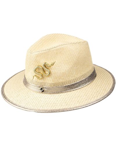 Laines London Neutrals Straw Woven Hat With Gold Metal Snake Brooch - Natural