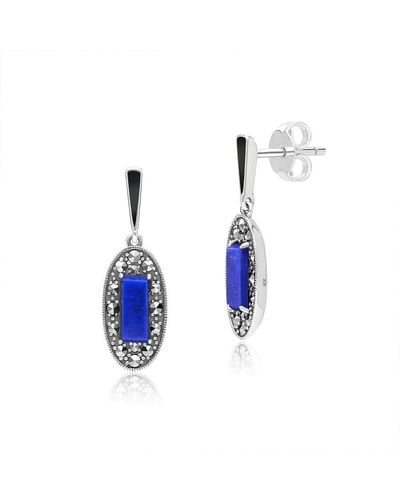 Gemondo Art Deco Style Oval Lapis Lazuli, Marcasite & Black Enamel Drop Earrings In Sterling Silver - Blue