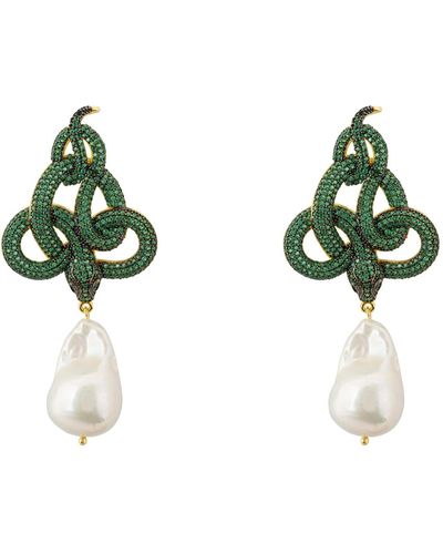 LÁTELITA London Viper Snake Baroque Pearl Drop Earrings Gold Emerald Cz - Green