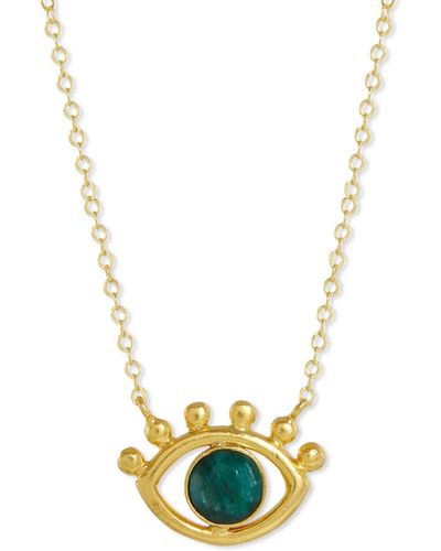 Ottoman Hands Esana Evil Eye Emerald Pendant Necklace - Metallic