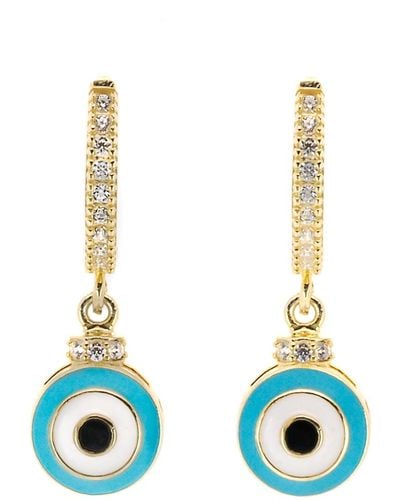 Ebru Jewelry Turquoise Enamel Evil Eye Gold Plated Earrings - Blue