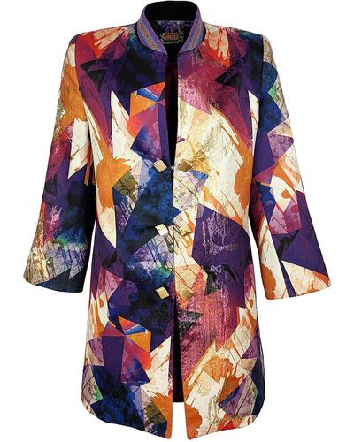 Lalipop Design Abstract Print Jacquard Long Coat Jacket - Blue