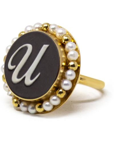 Vintouch Italy Gold Vermeil Black Cameo Pearl Ring Initial U - Metallic