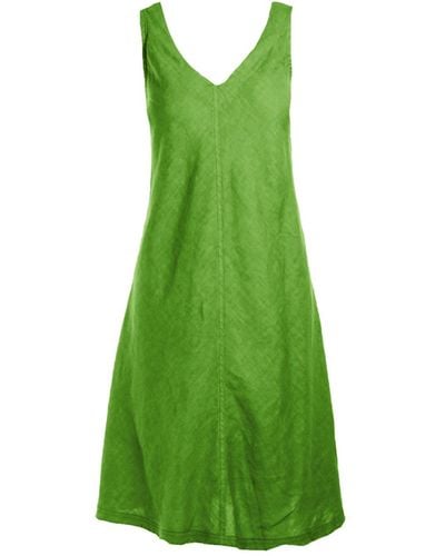 Haris Cotton "v" Neckline Flared Linen Dress - Green