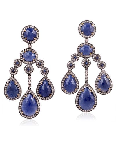Artisan 18k Gold 925 Sterling Silver Natural Diamond Blue Sapphire Chandelier Earrings