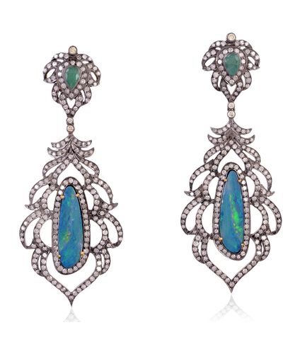 Artisan 925 Sterling Silver & 18k Gold Pave Diamond Dangle Earrings Opal Doublet Emerald Gemstone Jewelry - Blue