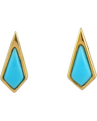 Artisan 18k White Gold Pave Turquoise Stud Earrings Handmade Jewelry - Blue
