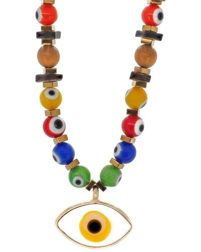 Ebru Jewelry Evil Eye Beaded Necklace 20" - Metallic