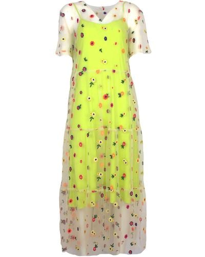 Lalipop Design Fluorescent Dress With Flower Embroidered Tulle - Yellow