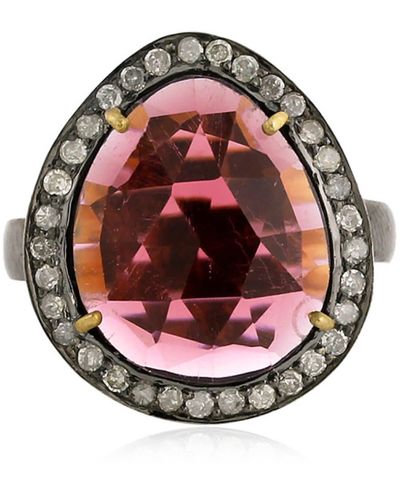 Artisan 18k Yellow Gold Silver With Pear Cut Tourmaline Gemstone & Pave Diamond Cocktail Ring - Pink