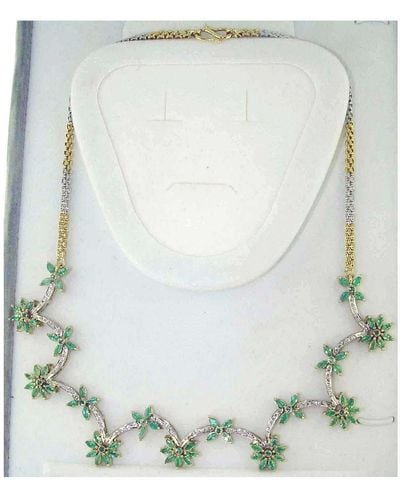 Artisan 18k Yellow Gold Marquise Cut Emerald & Diamond Floral Choker Necklace - Green