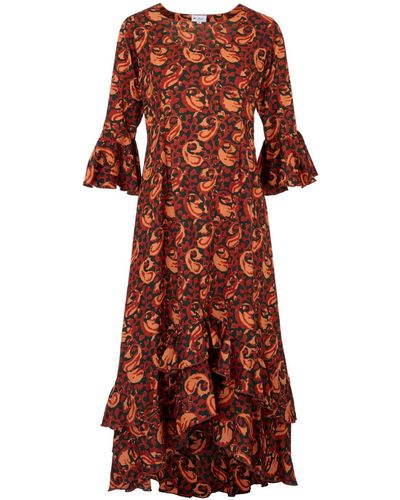 At Last Victoria Midi Dress Autumn Leaves Swirl - Brown
