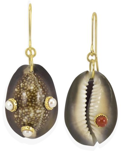 Vintouch Italy Pearls & Coral Dark Cowrie Shell Earrings - Brown