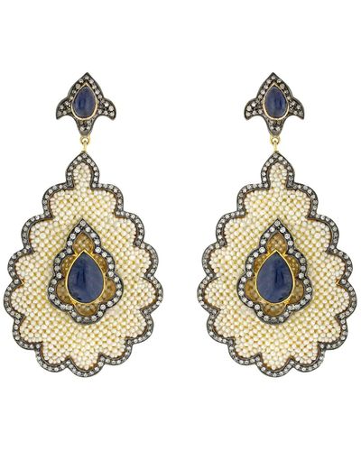 Artisan Pearl & Blue Sapphire Pave Diamond In 18k Gold With Silver Clover Shape Dangle Earrings