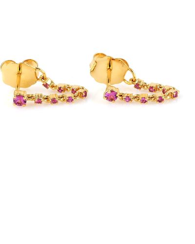 Artisan Pink Sapphire Gemstone & 14k Yellow Gold In Chain Ear Thread Stud Earrings - Metallic
