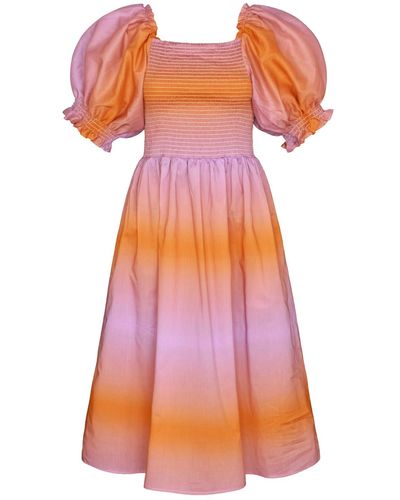 Jessie Zhao New York Sunset Purple Orange Smocked Midi Dress - Multicolor