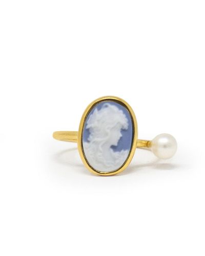 Vintouch Italy Gold-plated Sky Blue Mini Cameo Ring With A Pearl