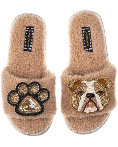 Laines London Teddy Towelling Slipper Sliders With Mr Beefy & Paw Brooch - Natural