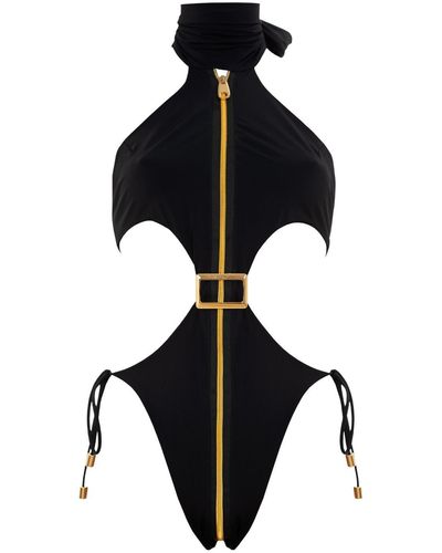 ANTONINIAS Cynosure Cut-out One-piece Swimwear With Golden Details And Zip In - Black