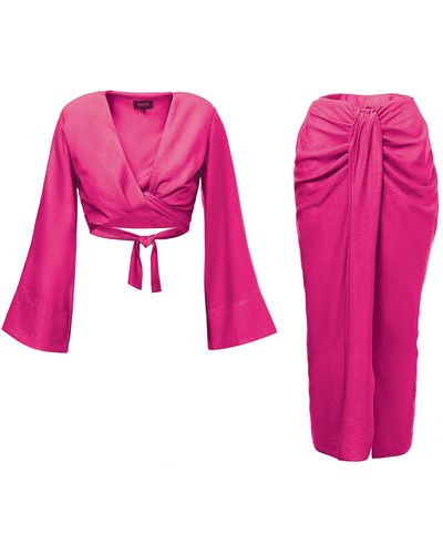 BLUZAT Fuchsia Set With Top And Midi Skirt - Pink