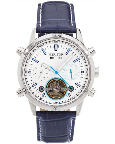 Heritor Wilhelm Semi-skeleton Leather-band Watch With Day And Date - Blue