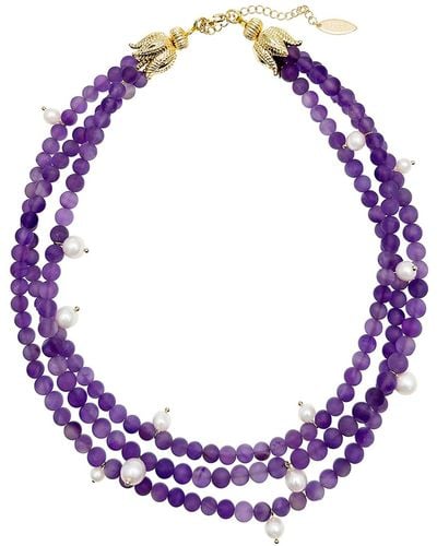 Farra Multi-layers Matte Amethyst With Pearls Statement Necklace - Purple