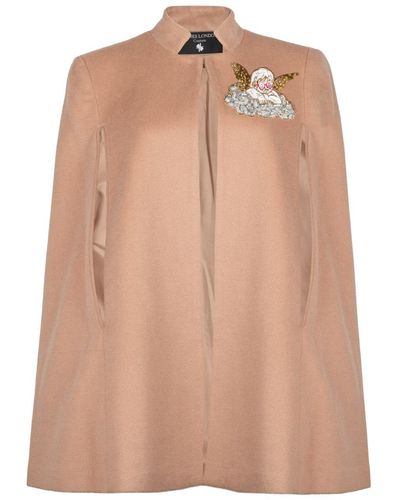 Laines London Neutrals Laines Couture Wool Blend Cape With Embellished Funky Cherub - Natural