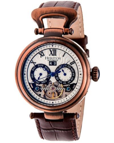 Heritor Ganzi Semi-skeleton Leather-band Watch With Day And Date - Pink