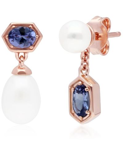 Gemondo Mismatched Tanzanite & Pearl Dangle Earrings In Rose Gold Plated Silver - Blue