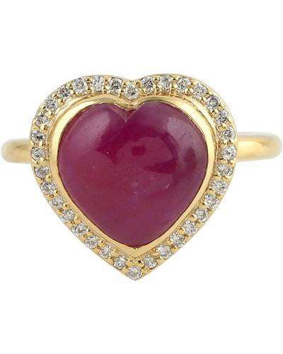 Artisan 18k Yellow Gold Natural Diamond Pink Sapphire Heart Shape Ring - Purple