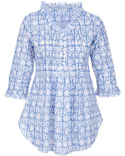 At Last Sophie Cotton Shirt In White With Fern - Blue