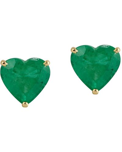 Artisan 18k Yellow Gold Heart Shape Natural Emerald Stud Earrings - Green