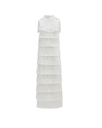 Julia Allert High Neck Fringed Evening Maxi Dress - White