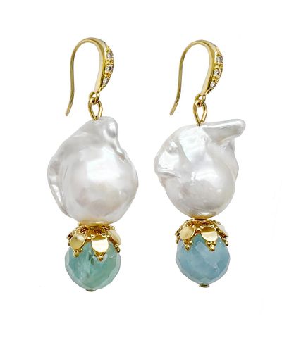 Farra Baroque Pearl With Aquamarine Dangle Earrings - White