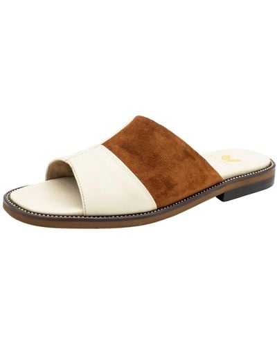 Stivali New York Twinflame Slide On Sandals In Ivory Embossed Leather & Tan Suede - Brown