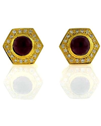 Artisan 18k Yellow Gold Natural Diamond Ruby Stud Earrings - Metallic