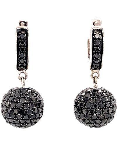 Artisan Black Diamond In Solid 18k White Gold Bead Ball huggies Earrings - Multicolour