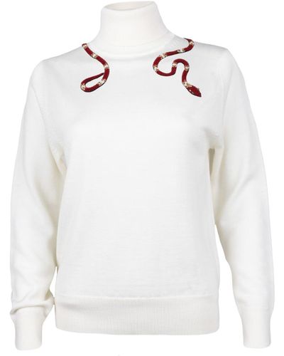 Laines London Laines Couture Wrap Red Snake Embellished Knitted Roll Neck Sweater - White