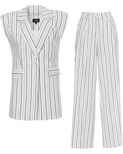 BLUZAT Suit With Oversized Vest And Wide Leg Trousers Made In Linen With Stripes - White
