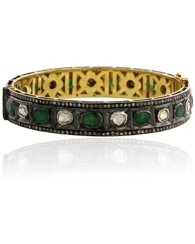 Artisan 18k Gold 925 Silver With Natural Emerald & Uncut Diamond Victorian Bangle - Green