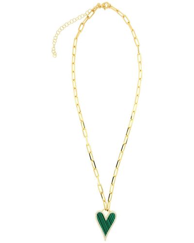 Cosanuova Malachite Heart Necklace On Paper Clip Chain - Metallic