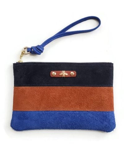 Angela Valentine Handbags Suede Flat Clutch In Wander Stripe. Royal, Navy Blue And Brown