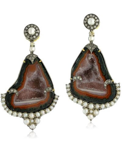 Artisan Natural Pearl Pave Diamond Geode Dangle Earrings 18k Gold Sterling Silver Jewelry - Brown