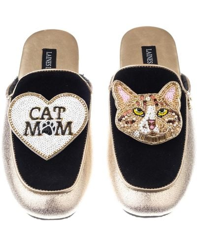 Laines London Classic Mules With Tabby The Ginger Cat & Cat Mum / Mom Brooches - Black