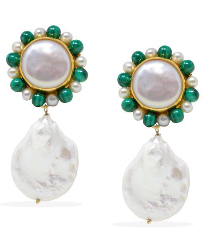 Vintouch Italy Lotus Gold-plated Pearl And Malachite Earrings - Multicolour