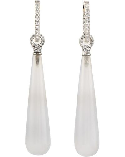 Artisan 18k Solid Gold In Natural Diamond & Chalcedony Drop Dangle Earrings Handmade - White