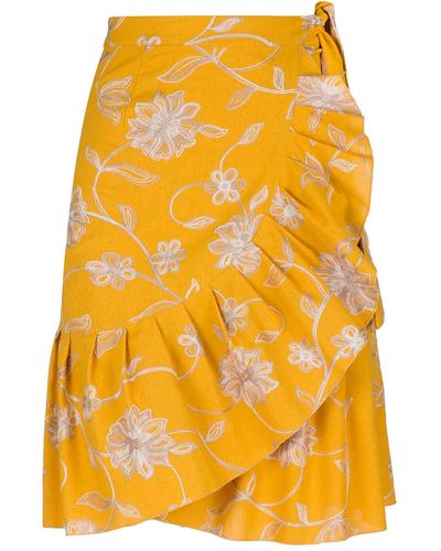 Conquista Mustard Embroidered Floral Wrap Ruffle Skirt - Yellow